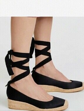 Tory Burch black Satin lace up espadrille wedges